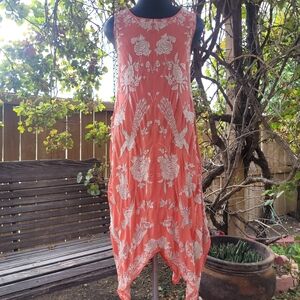 Anthropologie Tolani Peach Cream Floral Embroidered  Asymmetrical Deess Large